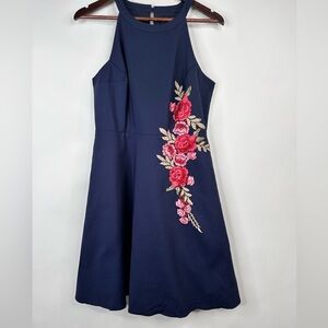 Liza Luxe Sleeveless Aline Dress lined floral Embroidered  accent Sz L